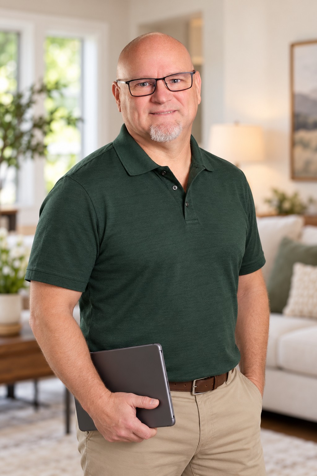 Mick Gilliland reviewing home-buying information on a tablet